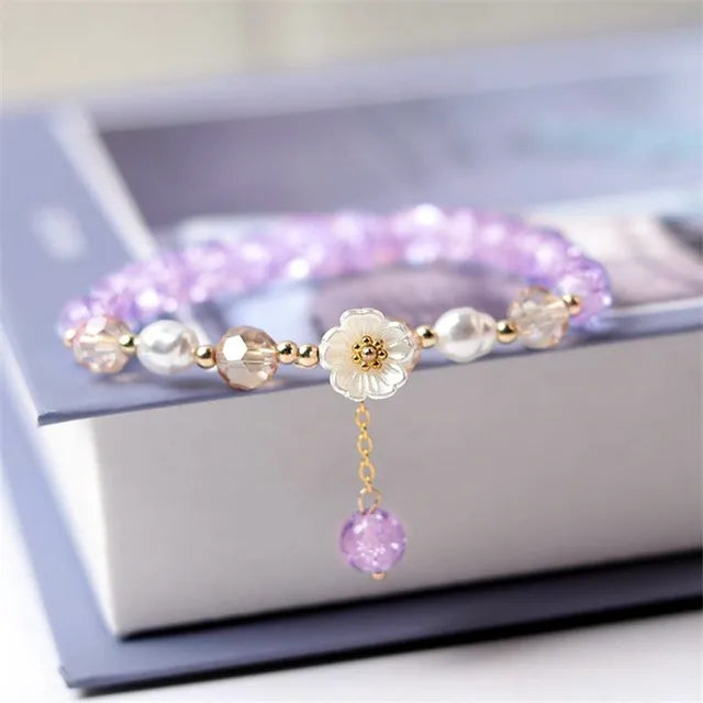 White Flower & Purple Beaded Bracelet - Elastic Adjustable Charm