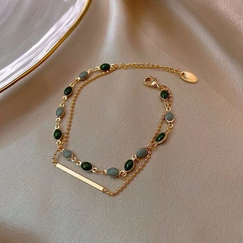 Gold Crystal Charm Bracelet - Double Layered Beaded Chain for Women