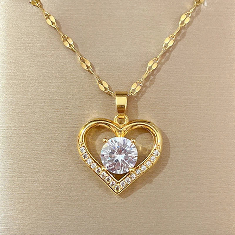 Golden Heart Pendant Necklace for Women - Gemstone, Stainless Steel