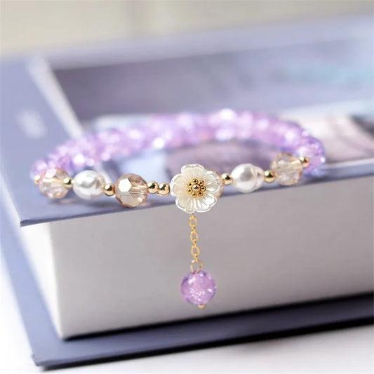 White Flower & Purple Beaded Bracelet - Elastic Adjustable Charm