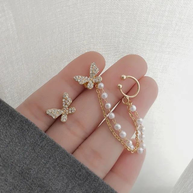 Rhinestone Butterfly Stud Earrings - Fashionable Metal Cuff Tassel