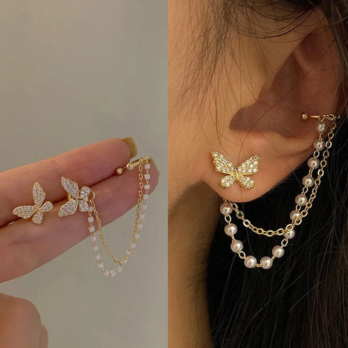 Rhinestone Butterfly Stud Earrings - Fashionable Metal Cuff Tassel