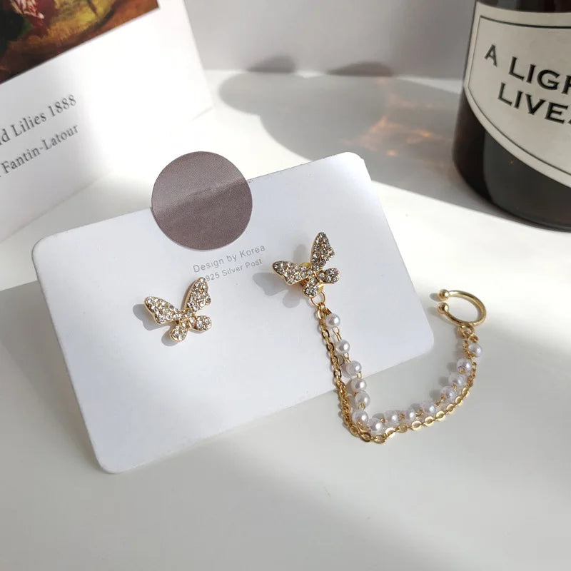 Rhinestone Butterfly Stud Earrings - Fashionable Metal Cuff Tassel
