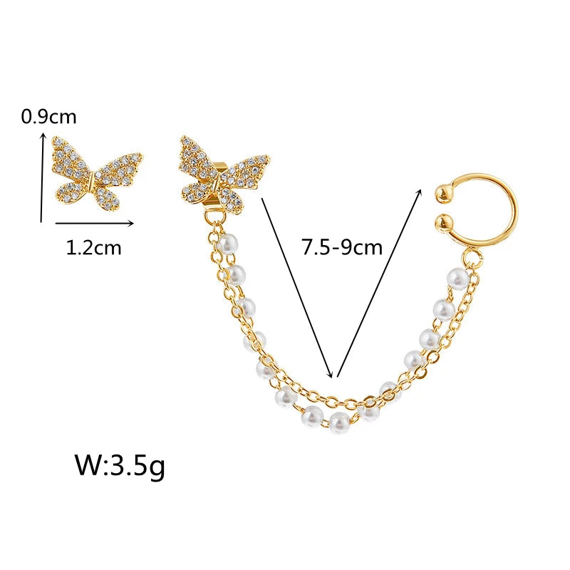Rhinestone Butterfly Stud Earrings - Fashionable Metal Cuff Tassel