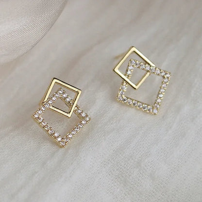 Double Layer Rhombus Earrings - Gold Crystal, 2024 Fashion Jewelry