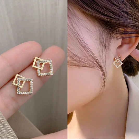Double Layer Rhombus Earrings - Gold Crystal, 2024 Fashion Jewelry
