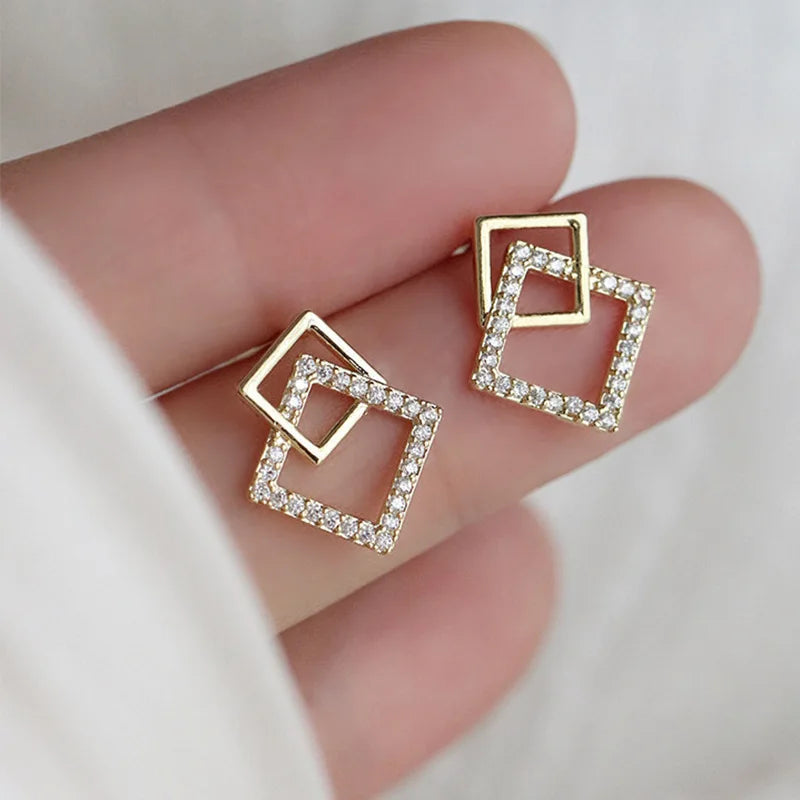 Double Layer Rhombus Earrings - Gold Crystal, 2024 Fashion Jewelry