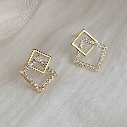 Double Layer Rhombus Earrings - Gold Crystal, 2024 Fashion Jewelry