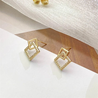 Double Layer Rhombus Earrings - Gold Crystal, 2024 Fashion Jewelry