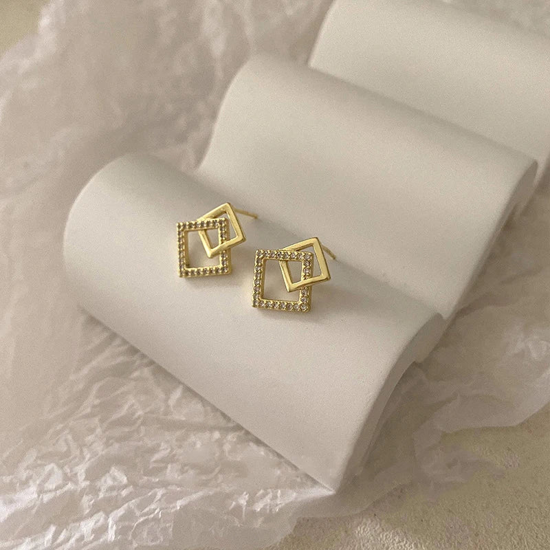 Double Layer Rhombus Earrings - Gold Crystal, 2024 Fashion Jewelry