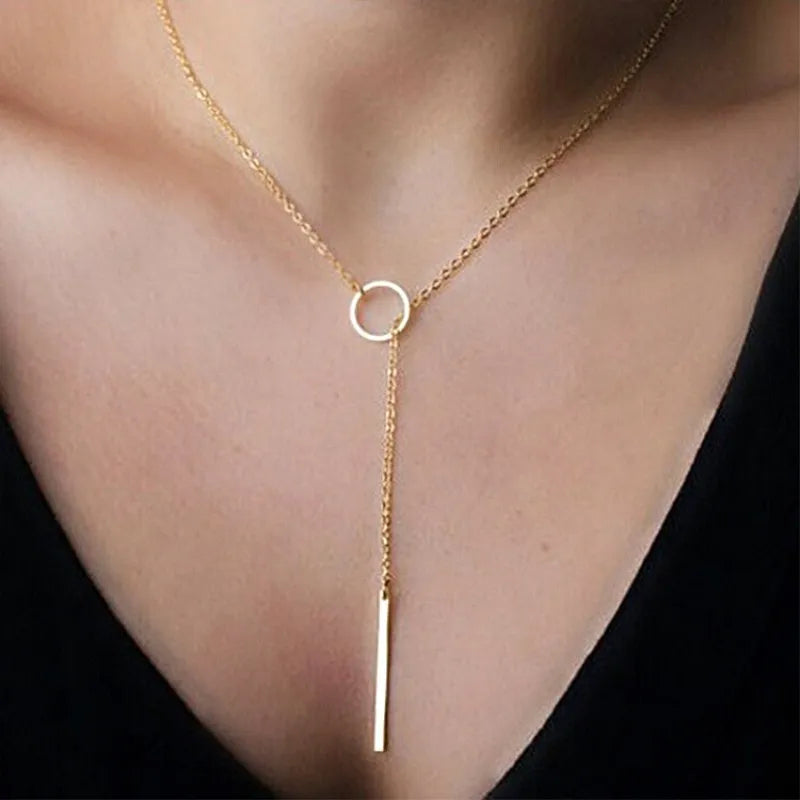 Dainty Punk Clavicle Necklace - Minimalist Circle Bar Pendant Jewelry