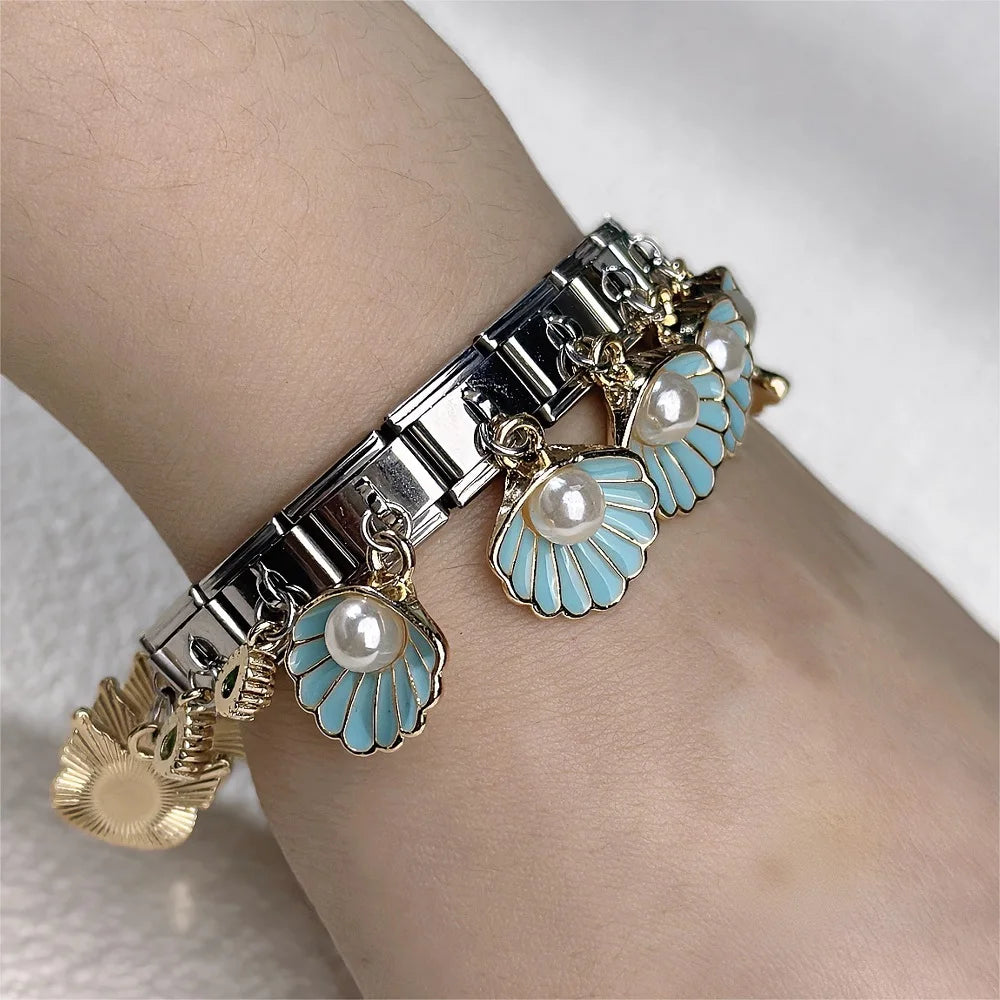 Italian Shell Pearl Charm Bracelet - Cute Personalized Link Chain