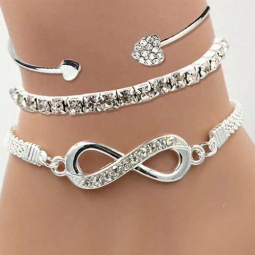 Adjustable Silver Heart Bracelet Set - Vintage Crystal Cuff Bangle