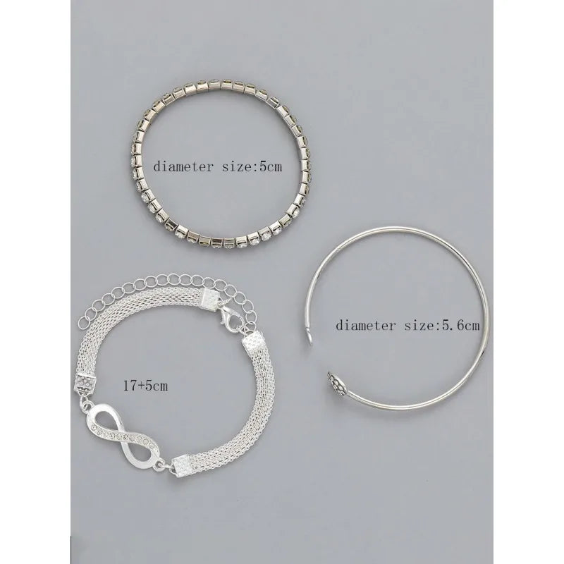 Adjustable Silver Heart Bracelet Set - Vintage Crystal Cuff Bangle